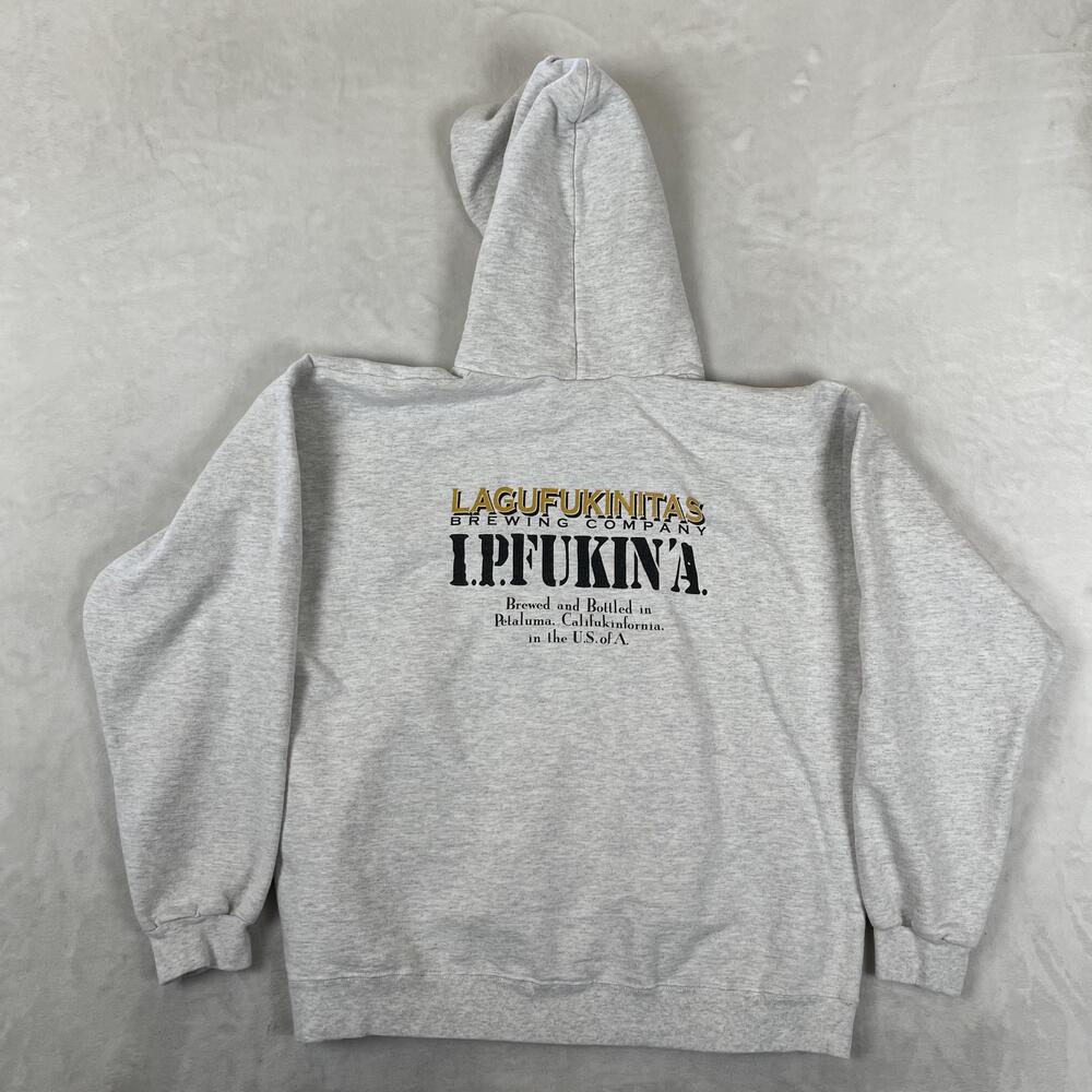 Vintage Lagunitas Brewing Co Hoodie Mens Large Gray Hanes Fleece Beer Sweatshirt